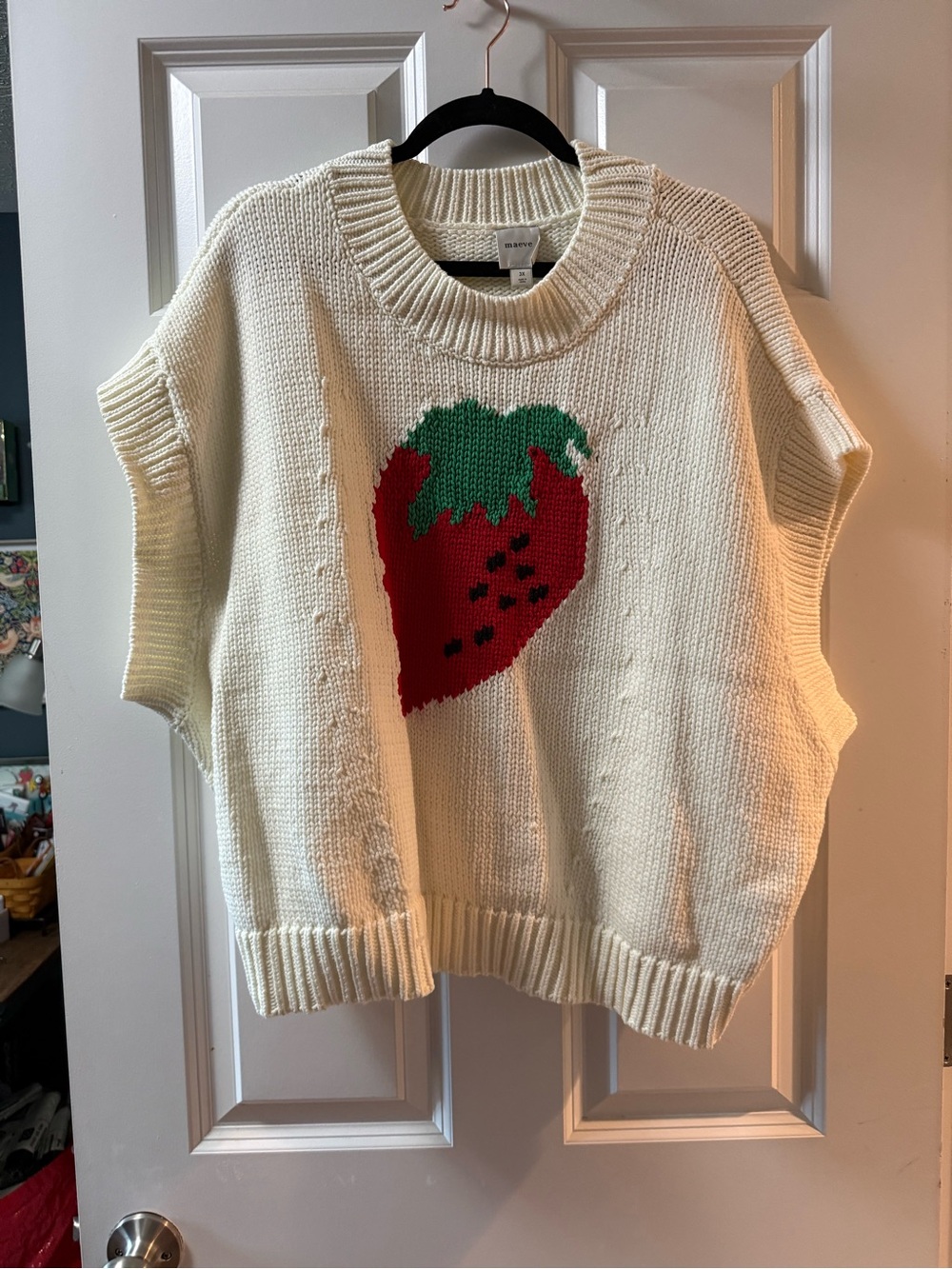 Maeve Cream Crewneck Sweater with Red Strawberry Motif
